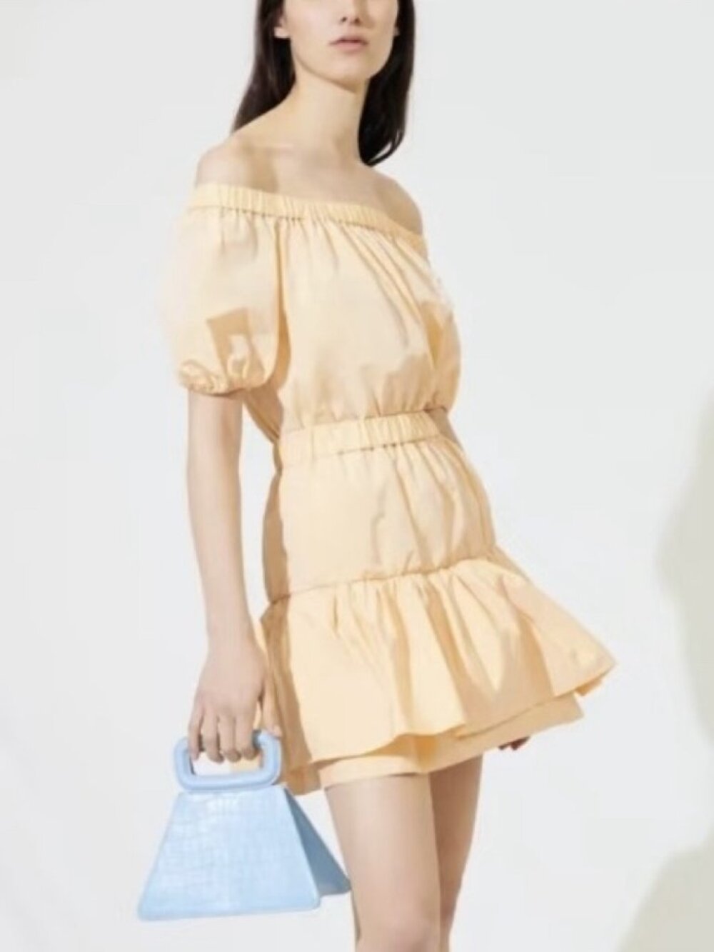 Maje Peach Off-Shoulder Puff-Sleeve Tiered Mini Dress — FR 36